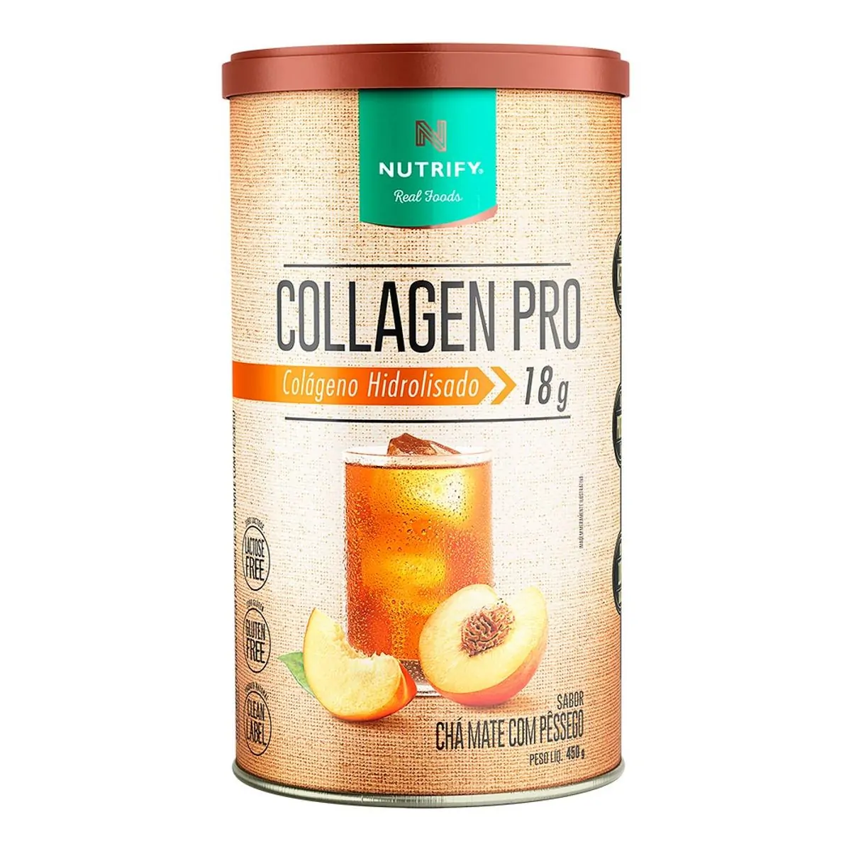 Colágeno Pó Hidrolisado 18g Chá Mate Com Pêssego Nutrify Collagen Pro Lata 450g