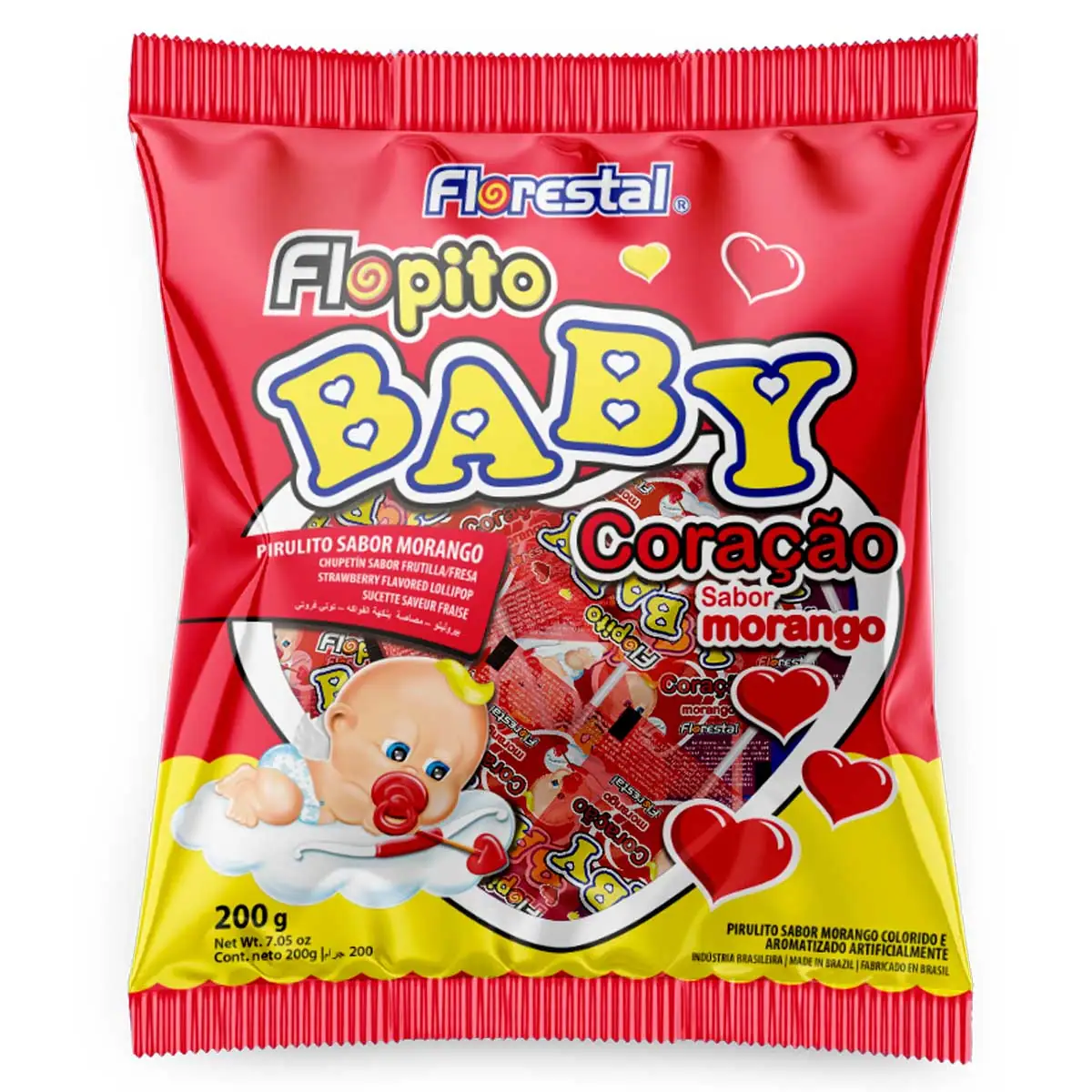 Pirulito Sabor Morango Flopito Baby Coração com 48 Unidades