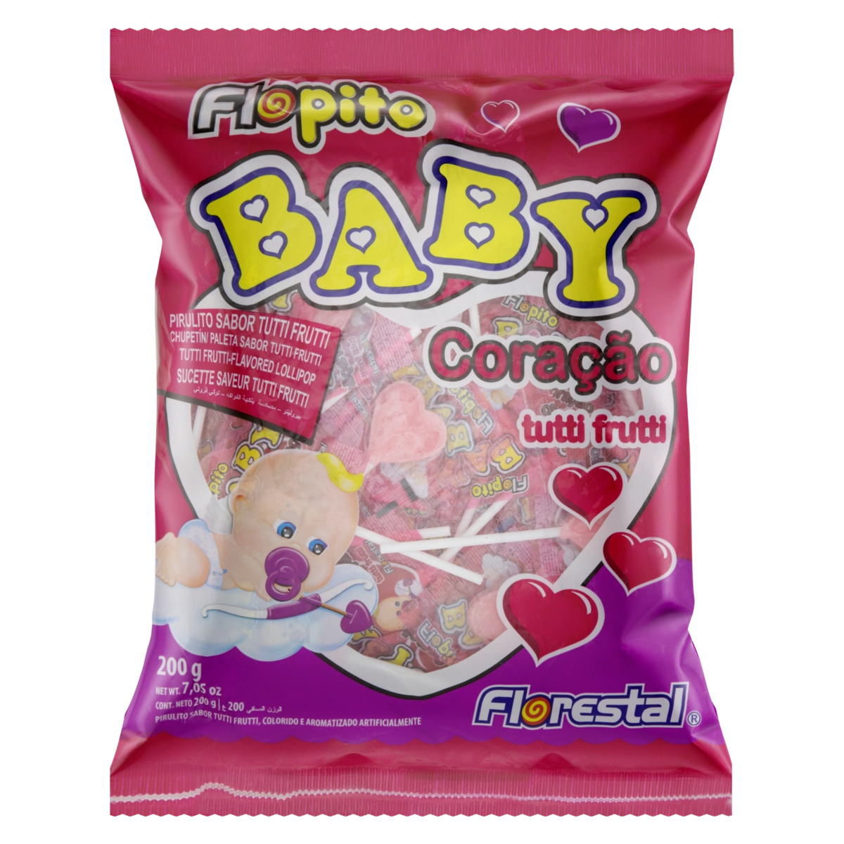 Pirulito Tutti Frutti Florestal Flopito Baby Coração Pacote 200g
