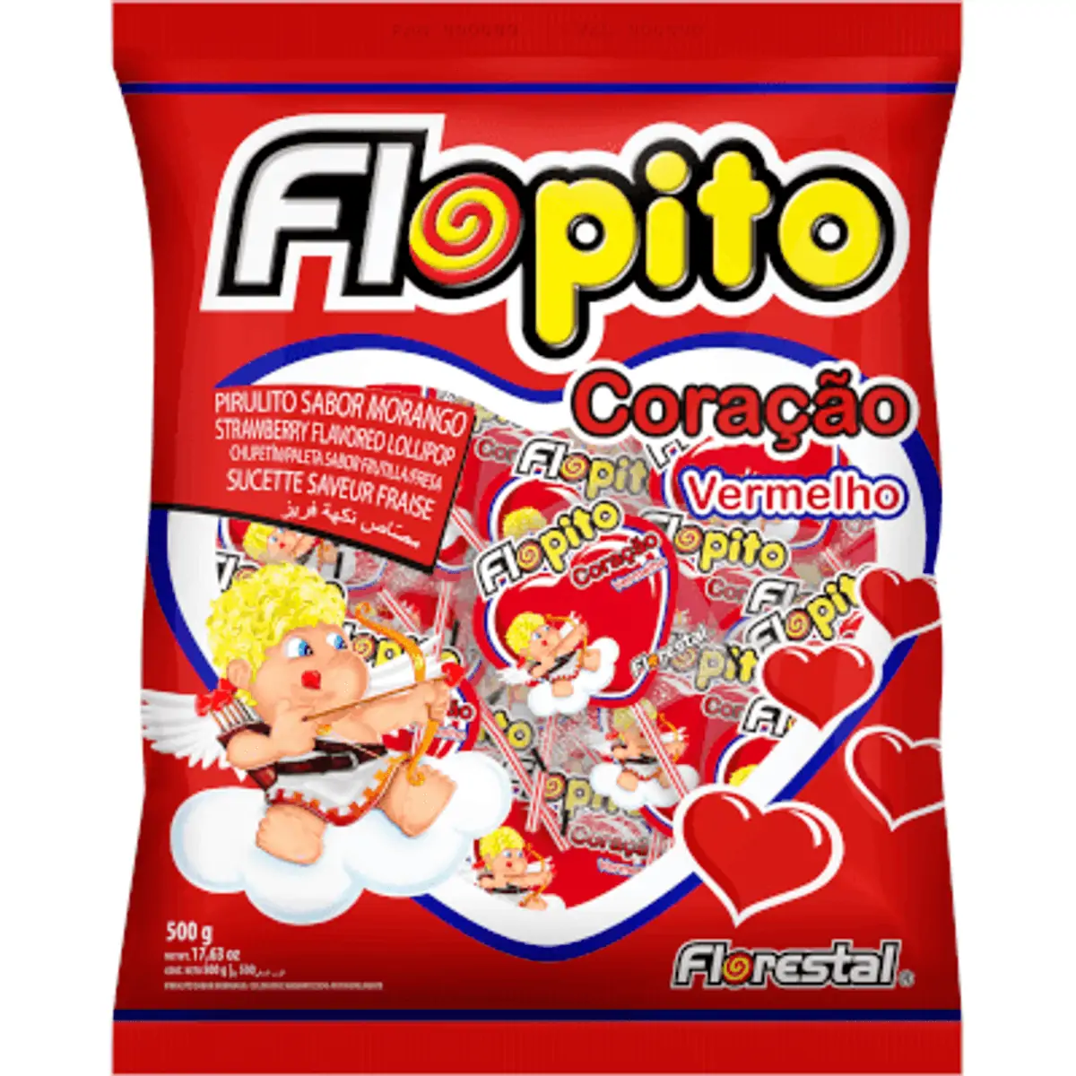 Pirulito Sabor Morango Flopito Coração com 26 Unidades