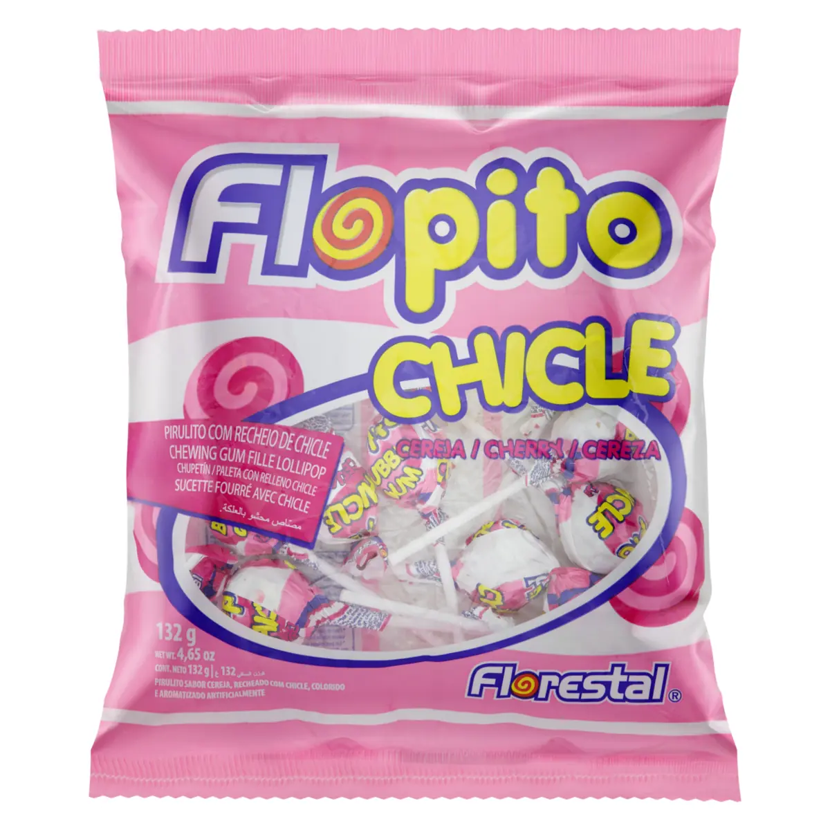 Pirulito Com Recheio De Cereja Florestal Flopito Chicle Pacote 132g
