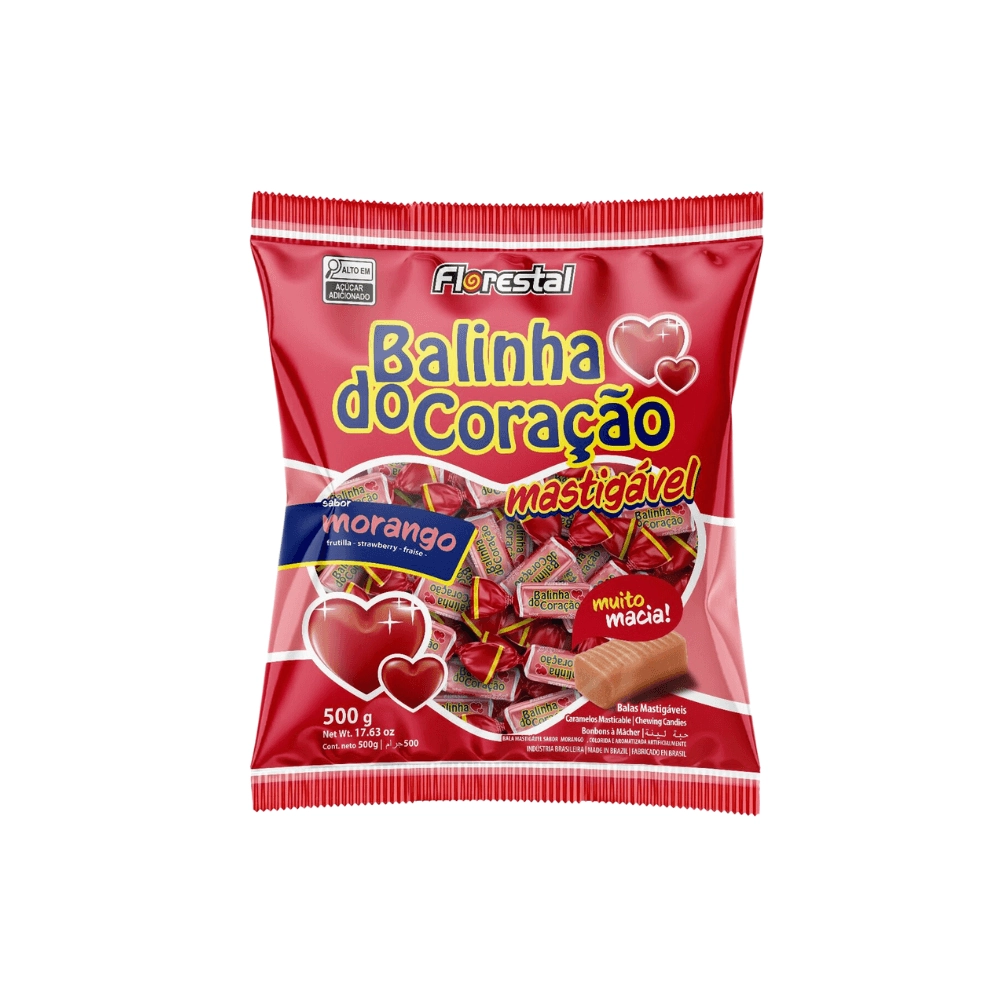 Bala Mastigavel Coracao Morango 500g Florestal