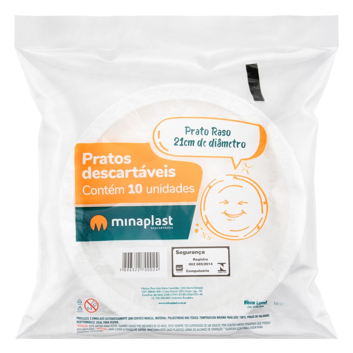 Prato Plástico Descartável Raso Branco Minaplast 21cm Pacote 10 Unidades