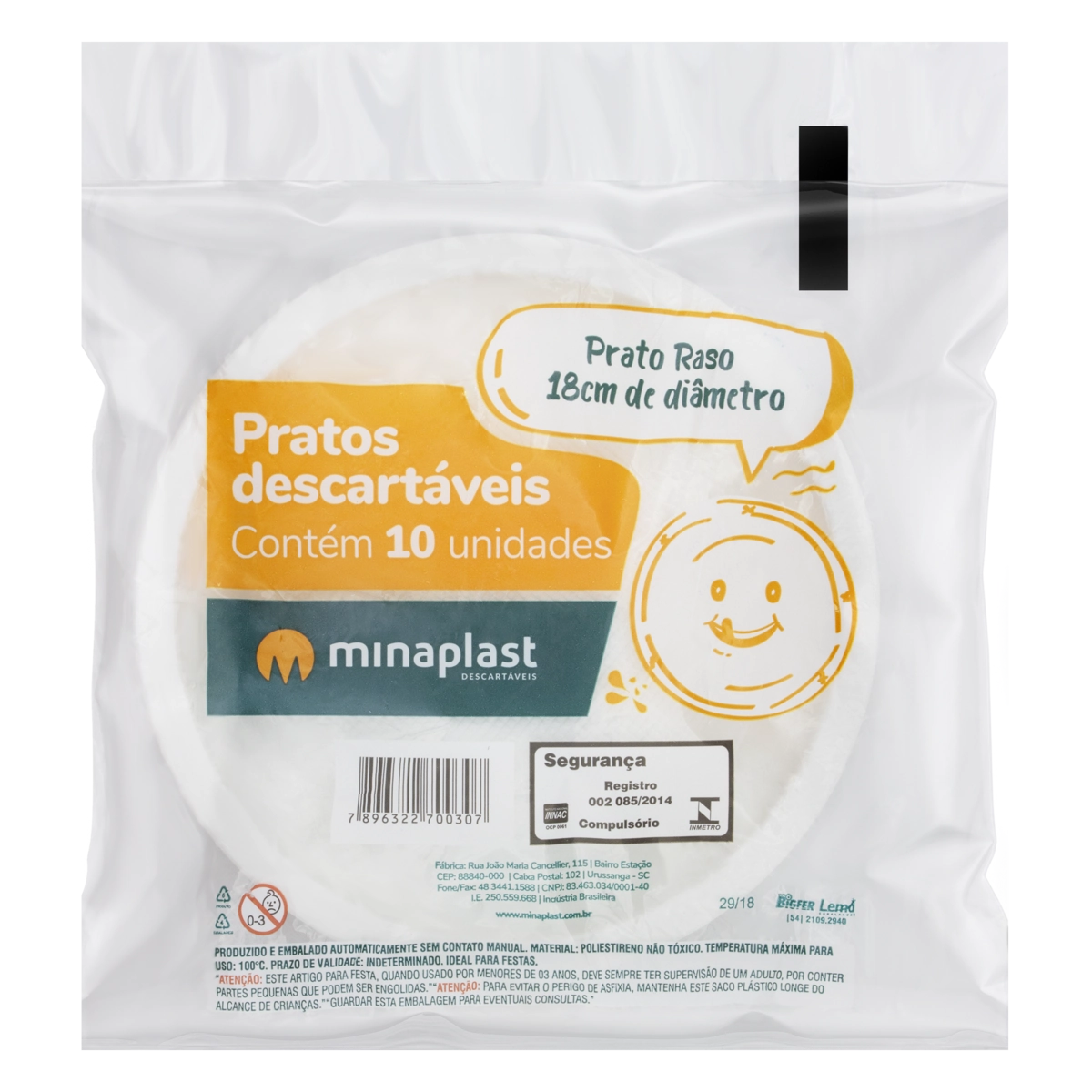 Prato Plástico Descartável Raso Branco Minaplast 18cm Pacote 10 Unidades