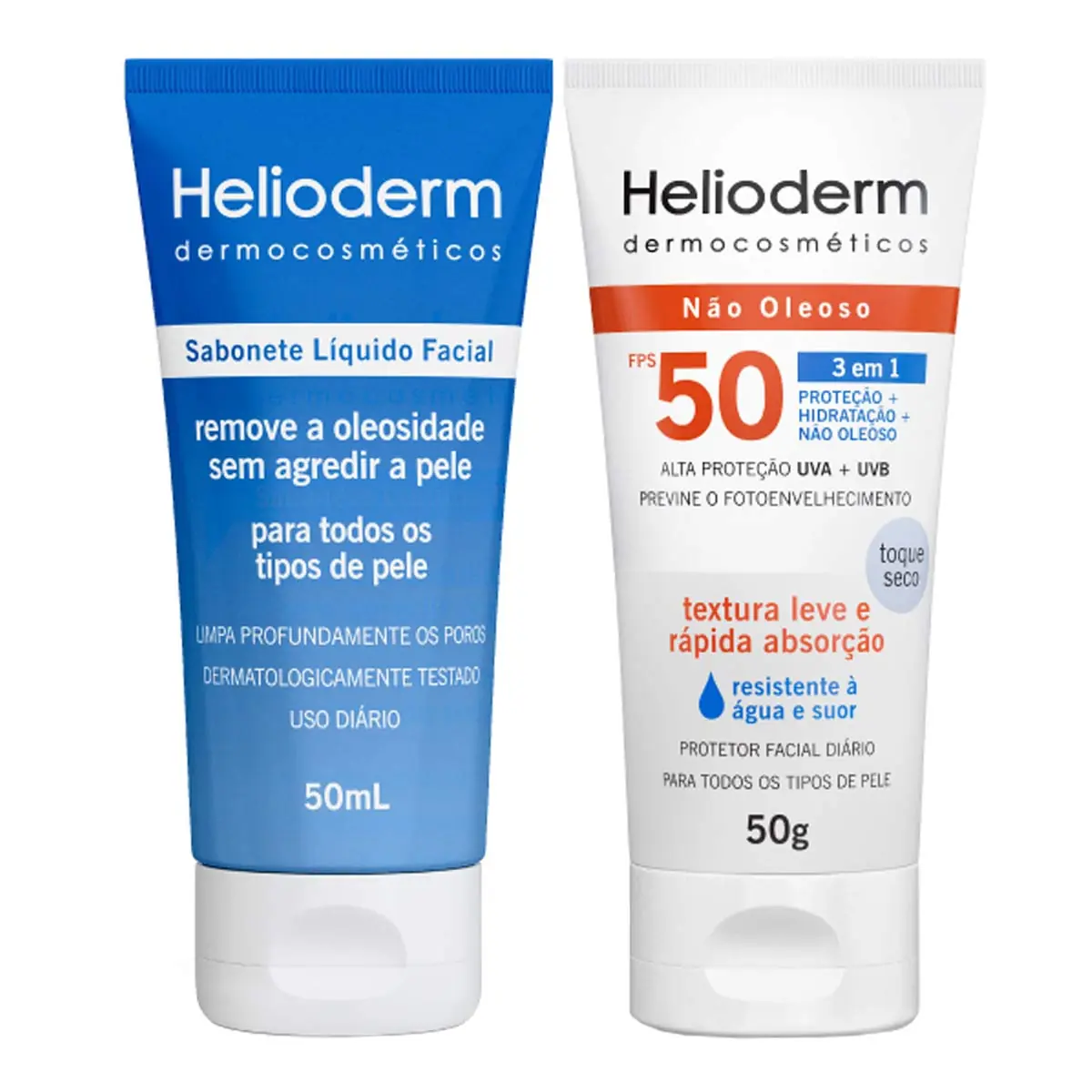 Kit Protetor Solar Toque Seco Fps 50 50g Sabonete Facial Líquido 50ml Helioderm