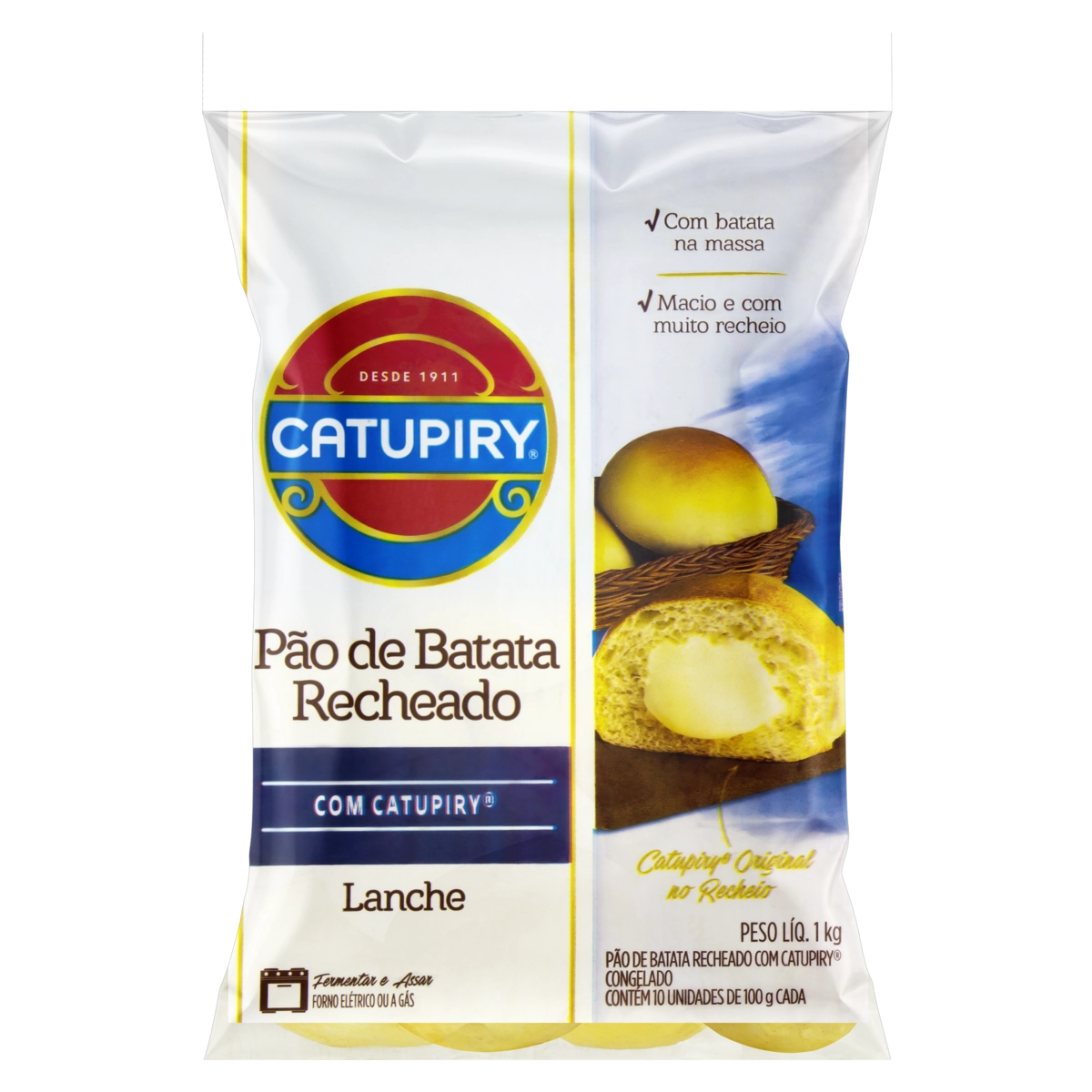 Pão De Batata Congelado Lanche Recheio Catupiry Pacote 1kg 10 Unidades