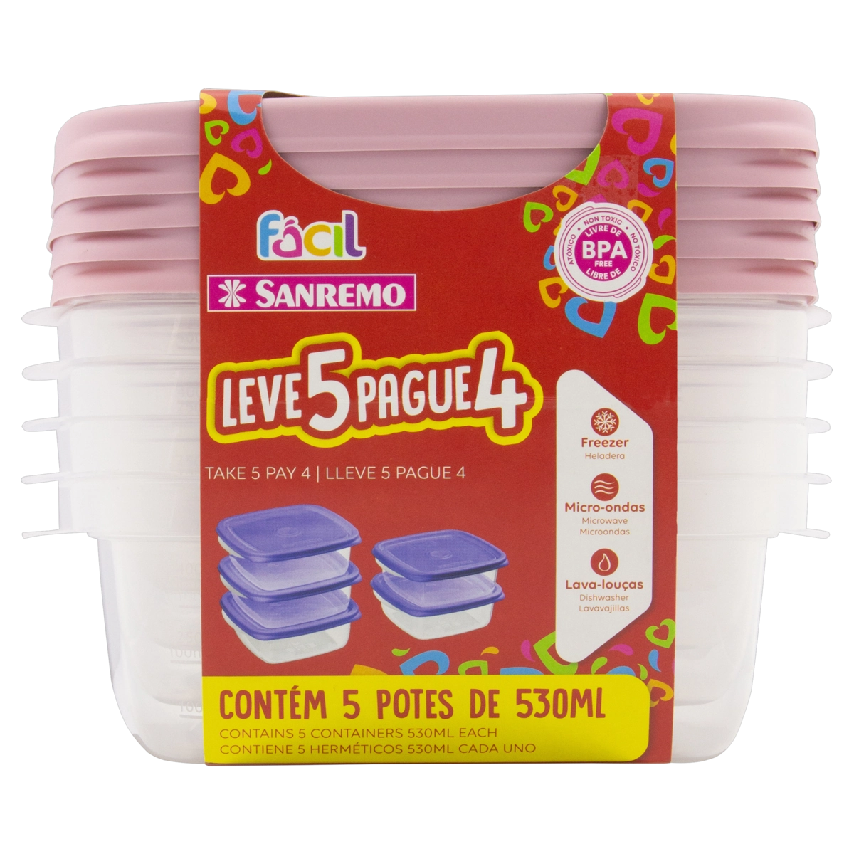 Conjunto Pote Plástico Rosa Quadrado 530ml Sanremo Fácil Leve 5 Unidades Pague 4 Unidades
