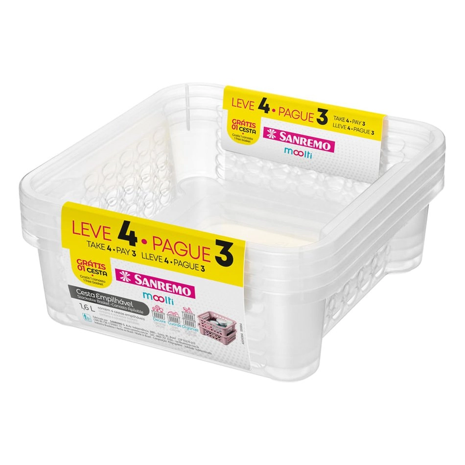 Conjunto 4 Cestos Organizadores Empilhável Plástico 1,6l Sanremo