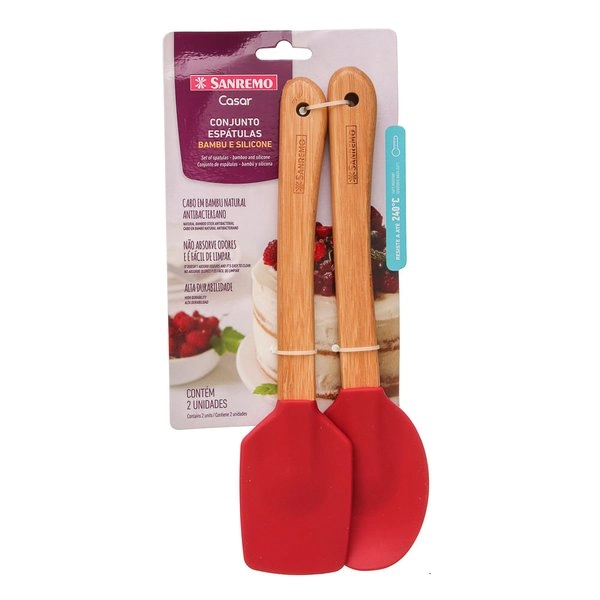 Conjunto com 2 Espátulas em Bambu e Silicone Utensílios Cozinha Vermelho