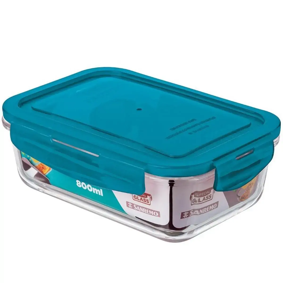 Pote Marmita De Vidro Hermético Retangular 800ml Com Tampa Azul Sanremo