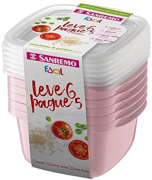 Conjunto Pote Plástico Rosa Quadrado Sanremo Leve 6 Pague 5 Unidades