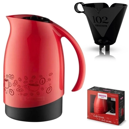 Kit Bule Térmico Café 700ML com Suporte para Filtro Sanremo Vermelho e Preto
