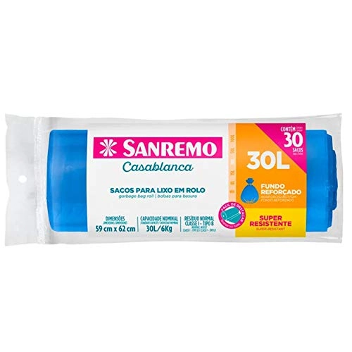 Saco Para Lixo Reforçado De 30 Litros, Tipo Rolo, Cor Azul, Linha Casablanca, Sanremo.