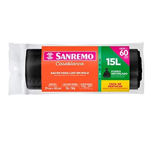 Saco de Lixo 15L Reforçado em Rolo 60 Unidades Preto Reforçado