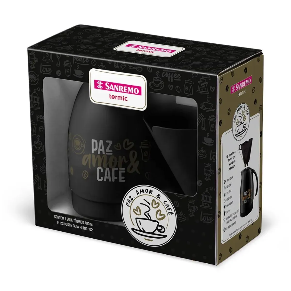 Garrafa Térmica Preta 700 ml com 1 Suporte de Filtro Sanremo Paz, Amor e Café
