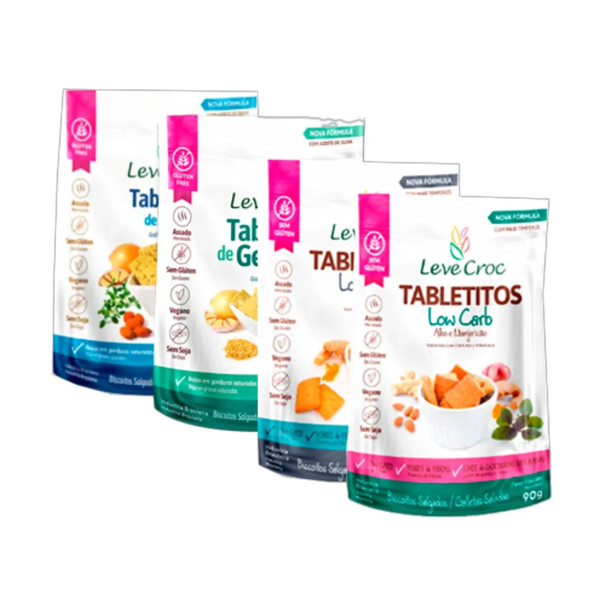Kit 4 Biscoitos Tabletito Sem Glúten Leve Croc: Chia, Gergelim, Low Carb Original, Low Carb Manjeric