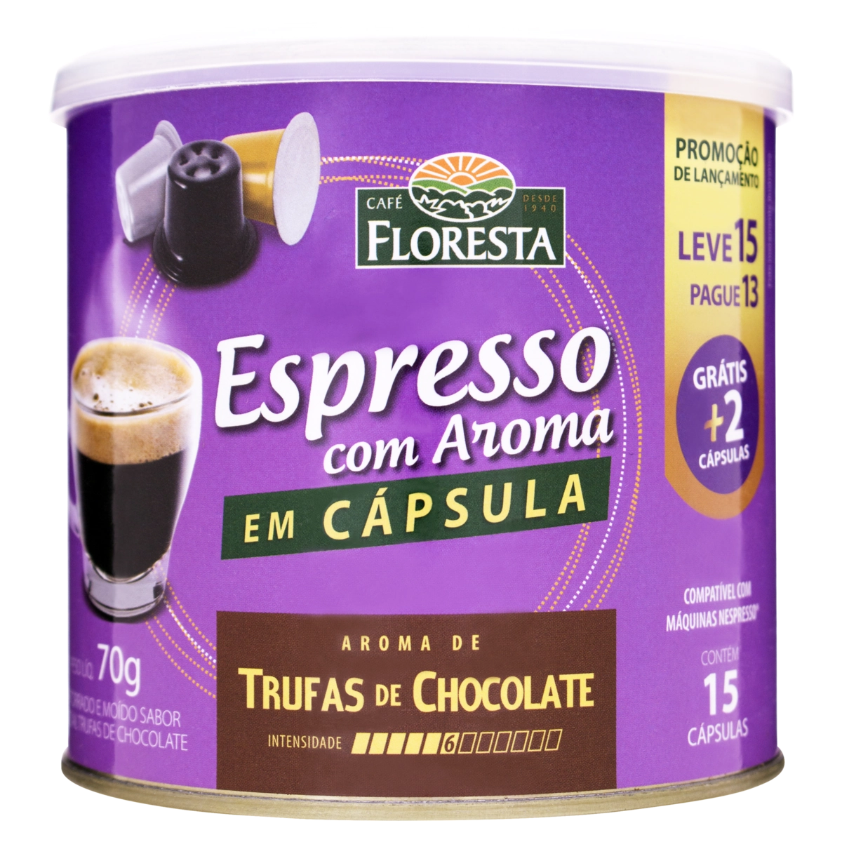 Café Em Cápsula Torrado E Moído Espresso Com Aroma De Trufas De Chocolate Floresta Lata 70g Leve 15