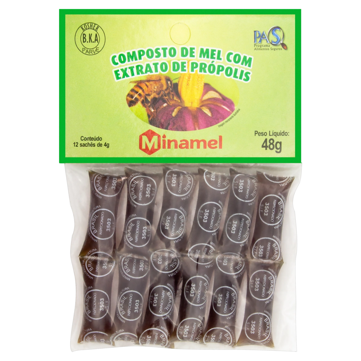 Composto De Mel Com Extrato De Própolis Minamel Pacote 48g 12 Unidades