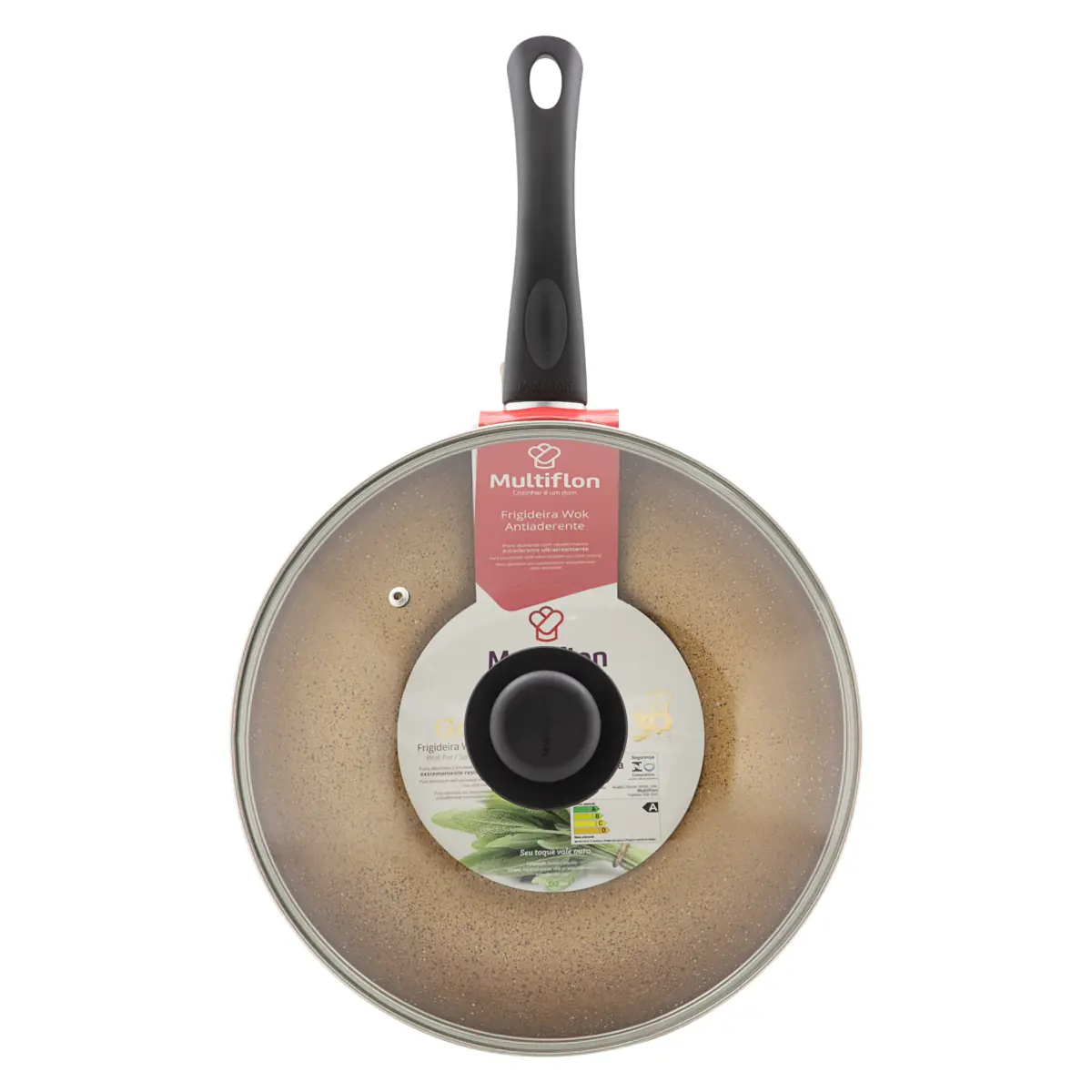 Frigideira Alumínio Com Tampa De Vidro Antiaderente Wok Multiflon Gold