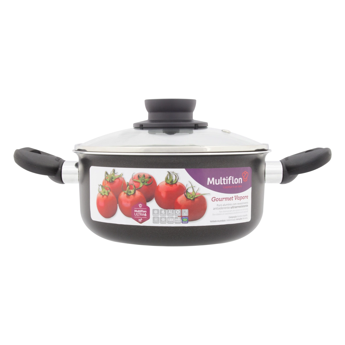 Caçarola Preta Alumínio Com Tampa De Vidro Antiaderente 2,0l Multiflon Gourmet Vapore