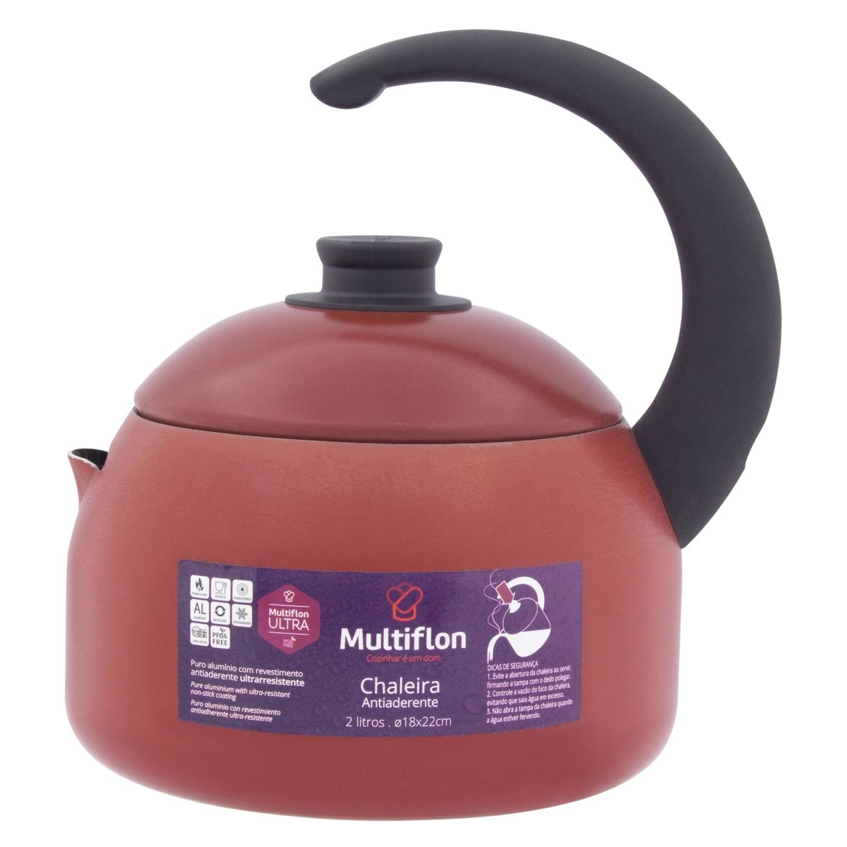 Chaleira 2,4L Antiaderente de Alumínio com Tampa de Vidro Paprika Multiflon Vermelha