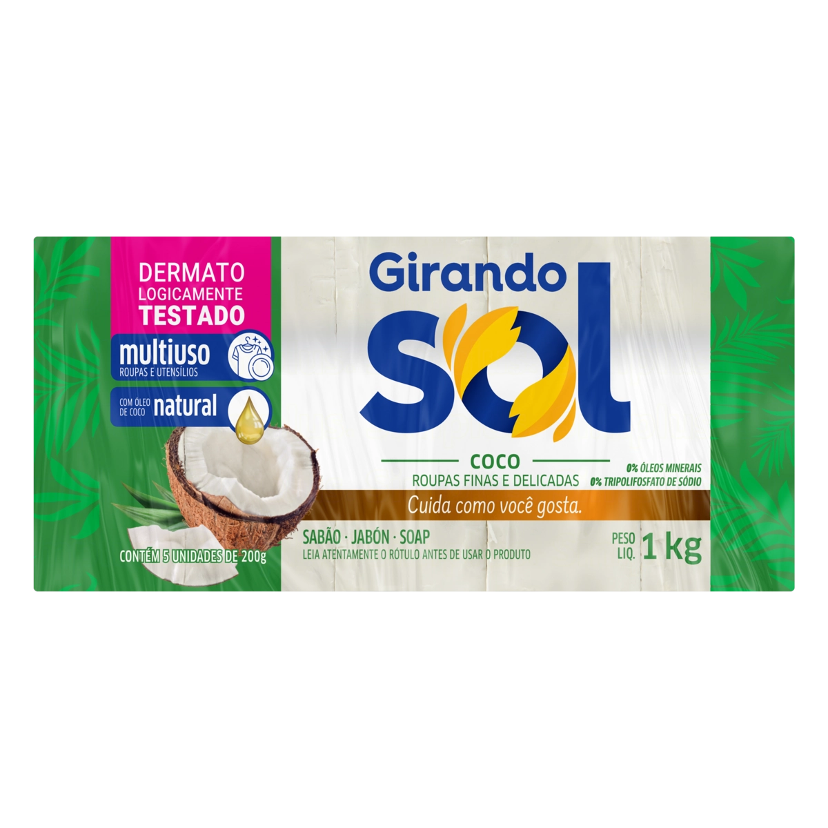 Sabão Barra Multiuso Coco Girando Sol Pacote 1kg 5 Unidades