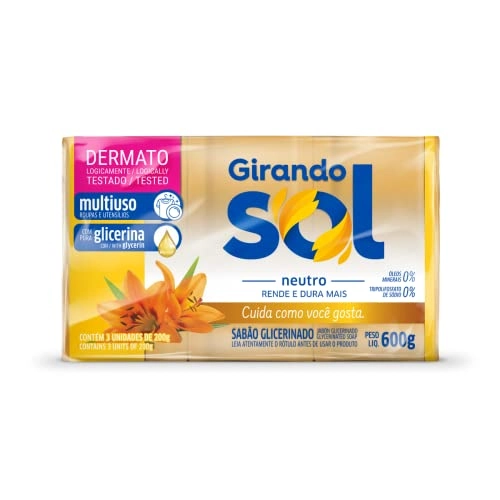 Sabão Barra Glicerinado Multiuso Neutro Girando Sol Pacote 600g 3 Unidades