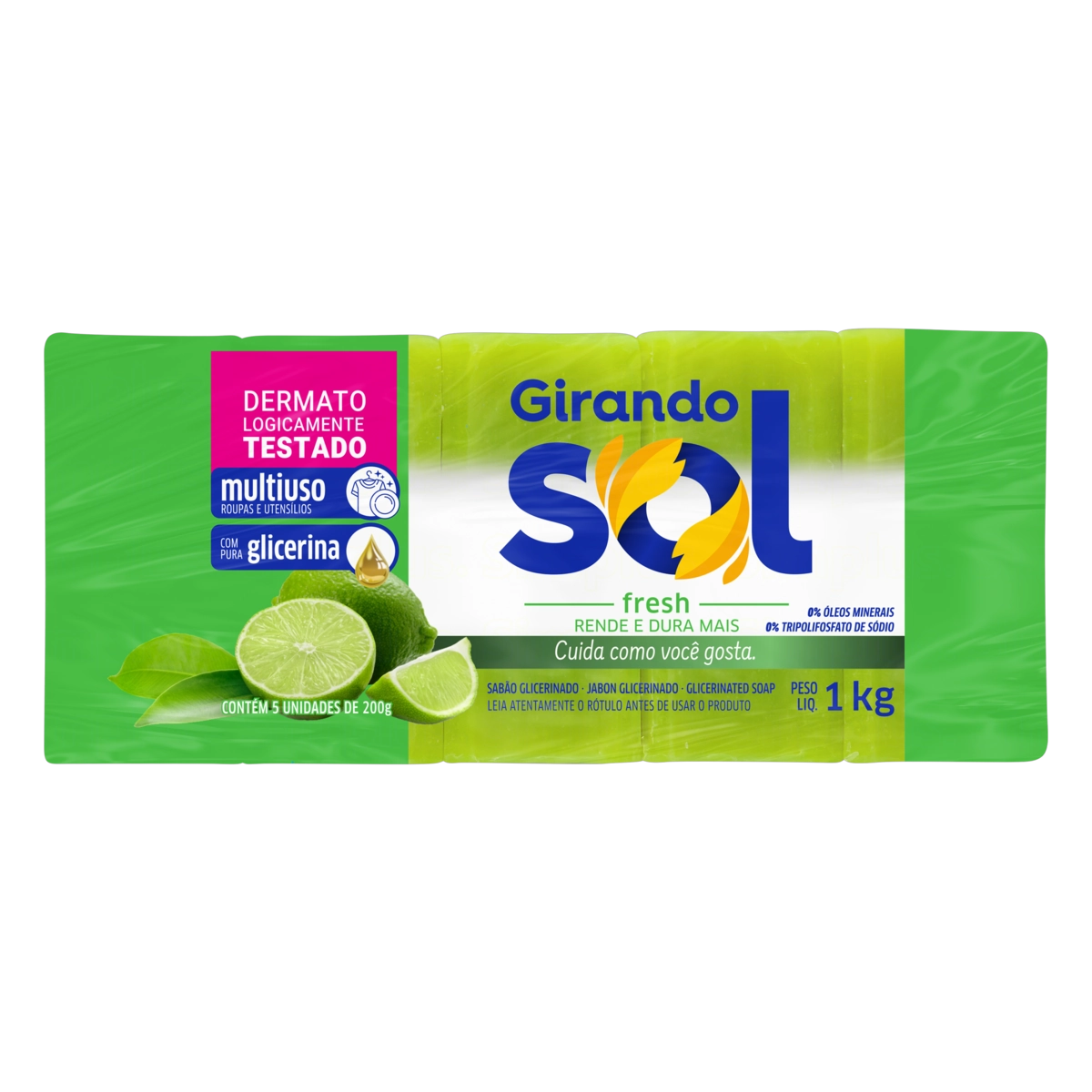Sabão Barra Glicerinado Multiuso Fresh Girando Sol Pacote 1kg 5 Unidades