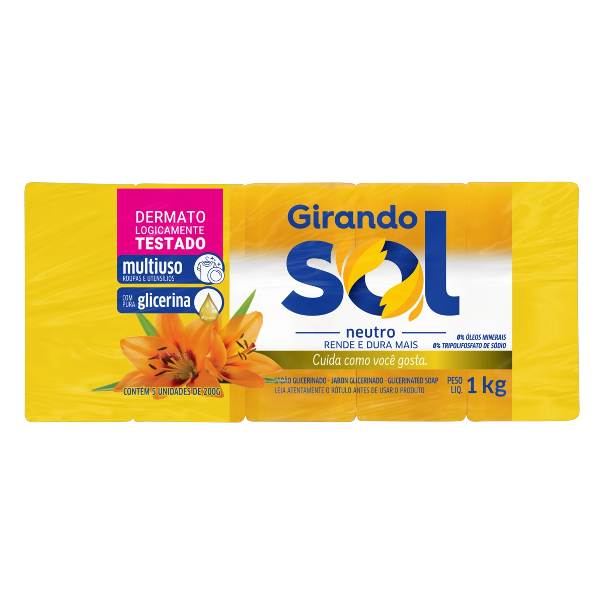 Sabão Barra Glicerinado Multiuso Neutro Girando Sol Pacote 1kg 5 Unidades