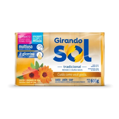 Sabão Barra Multiuso Tradicional Girando Sol Pacote 600g 3 Unidades