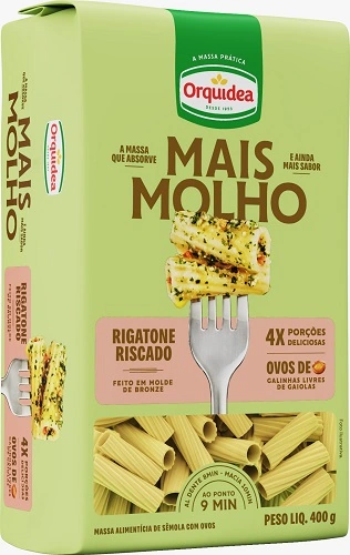 Macarrão De Sêmola Com Ovos Rigatone Riscado Orquídea Mais Molho Pacote 400g