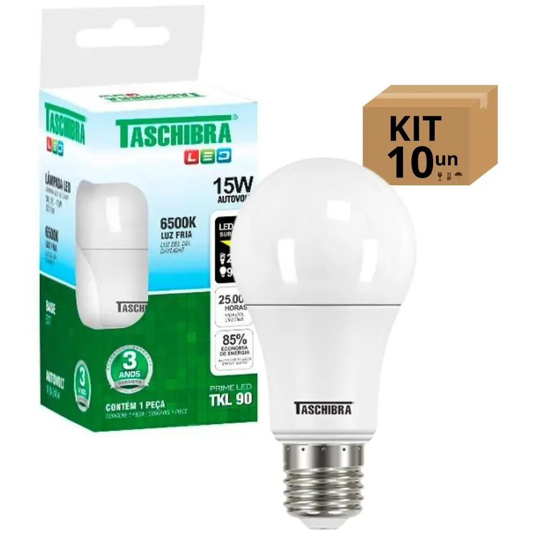 Kit 10 Lâmpadas Bulbo Led Taschibra Tkl Bivolt E27 15w 6500k