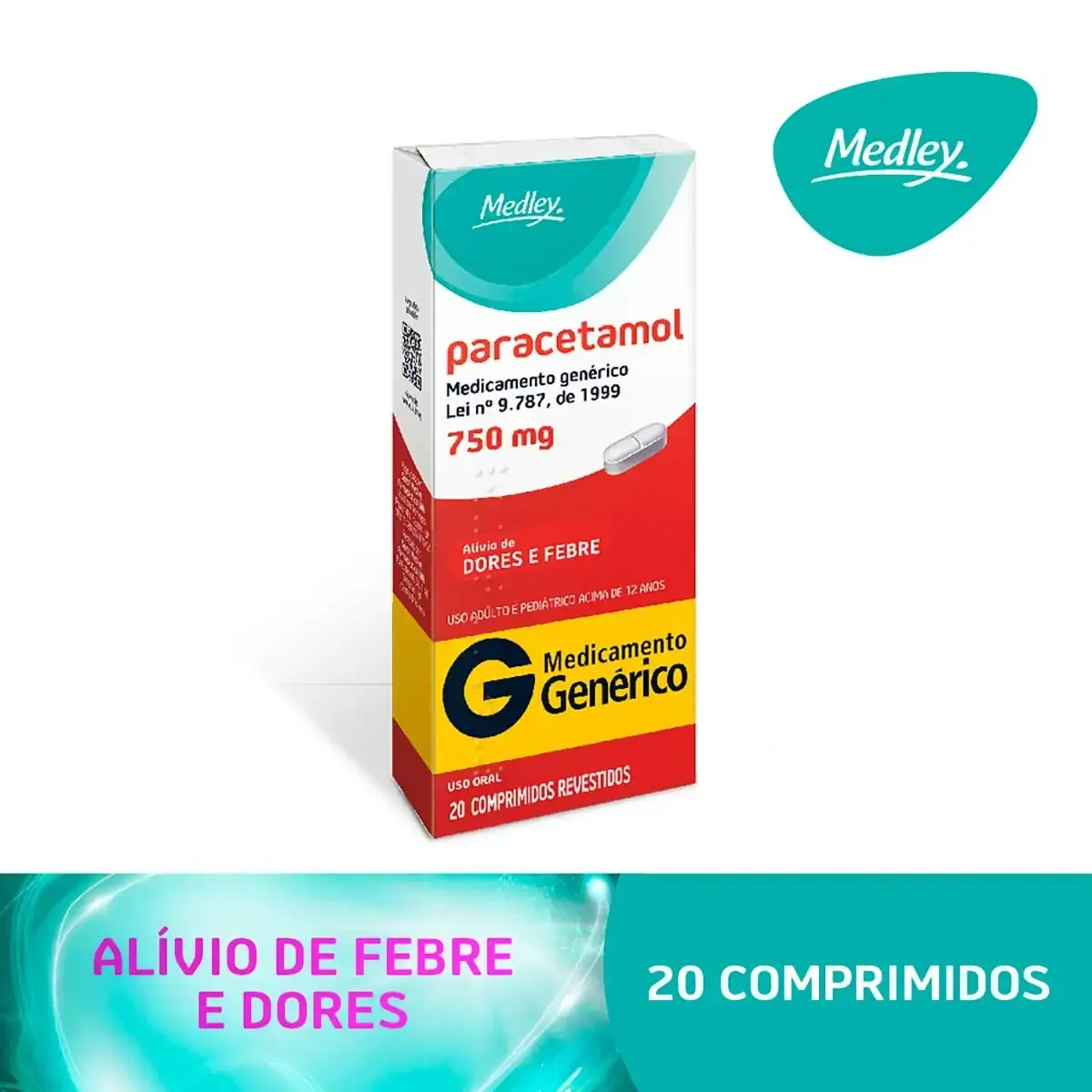 Paracetamol 750mg Medley Caixa 20 Comprimidos Revestidos