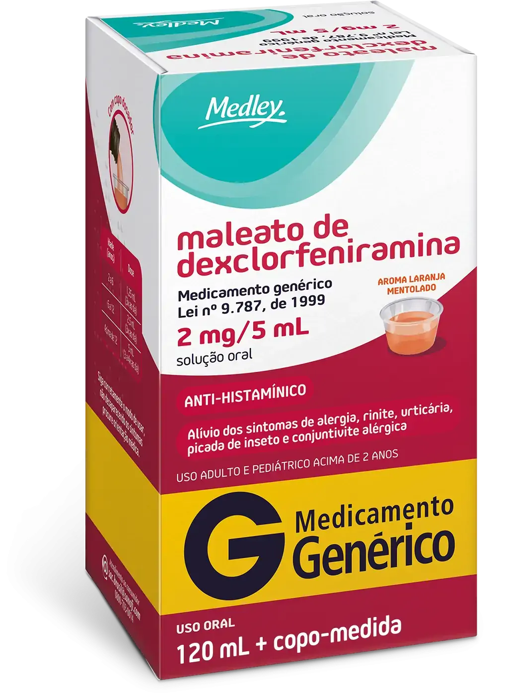 Maleato De Dexclorfeniramina 2mg/5ml Laranja Mentolado Medley Caixa 120ml Copo Medida