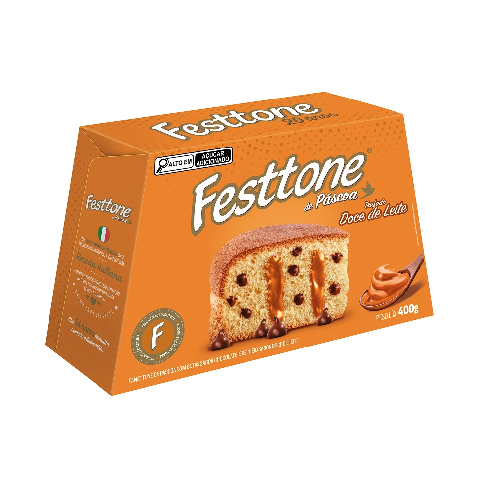 Panettone Com Gotas De Chocolate Recheio Trufado Doce De Leite Festtone Páscoa Caixa 400g