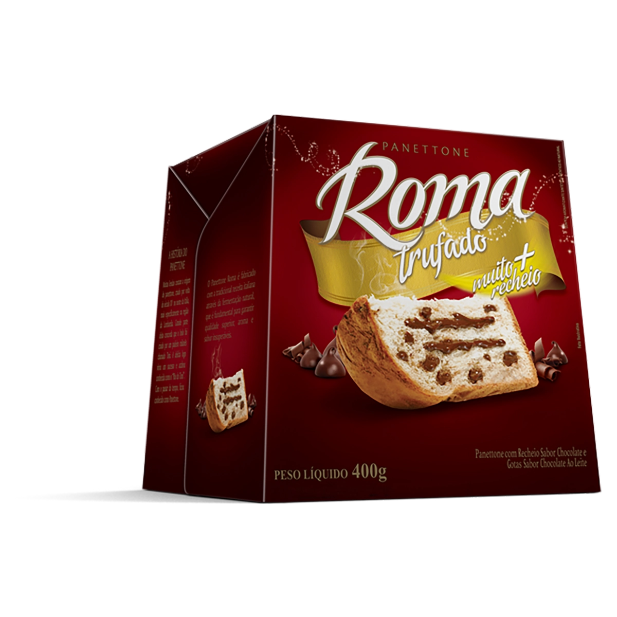 Panettone Com Gotas De Chocolate Ao Leite Recheio Trufado Chocolate Roma Caixa 400g