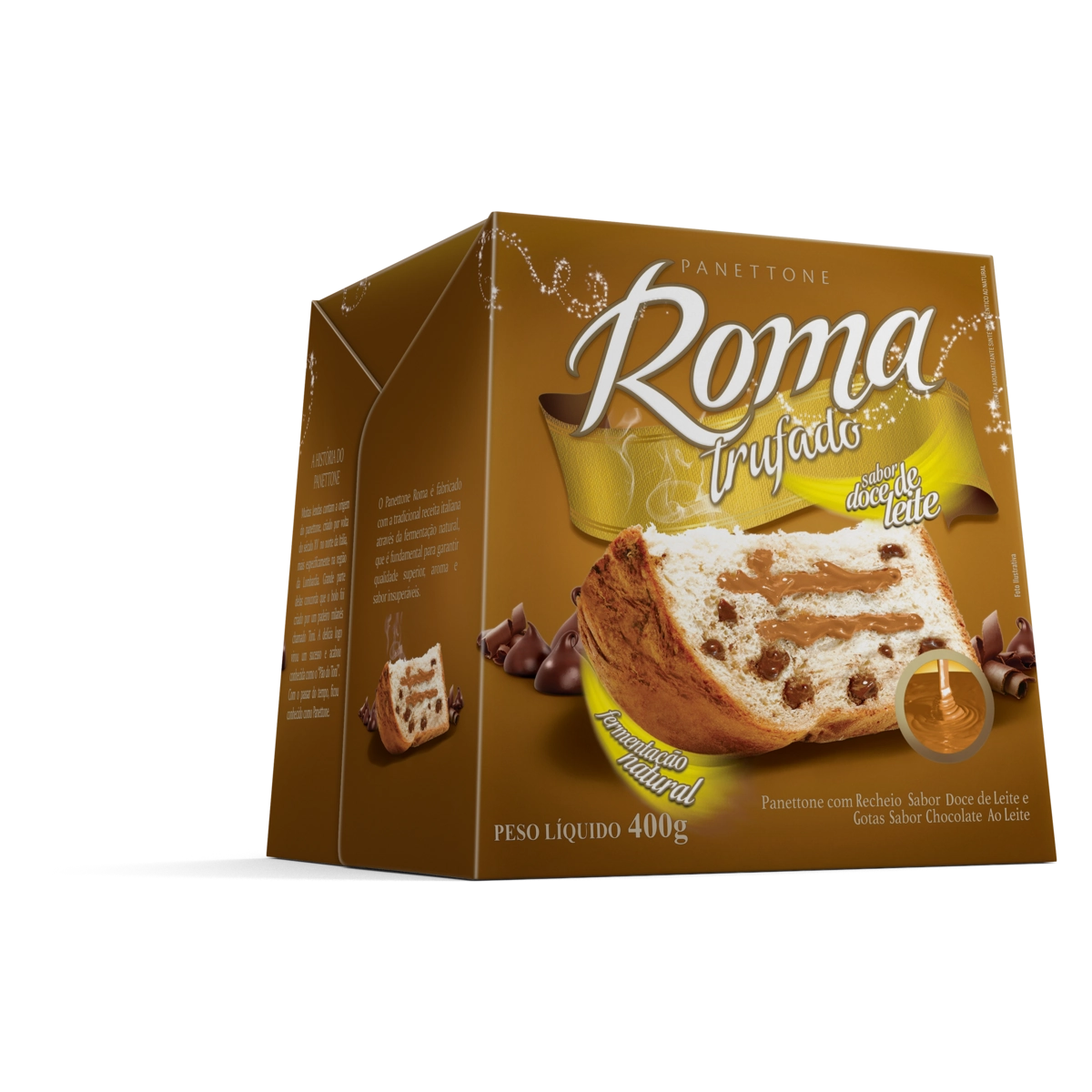 Panettone Com Gotas De Chocolate Ao Leite Recheio Trufado Doce De Leite Roma Caixa 400g