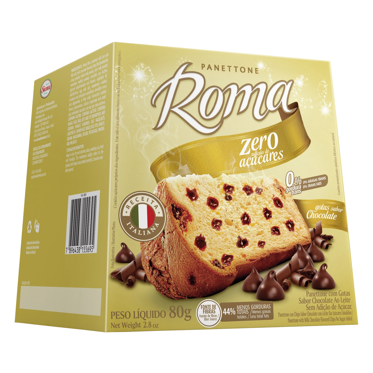 Panettone Com Gotas De Chocolate Ao Leite Roma Caixa 80g