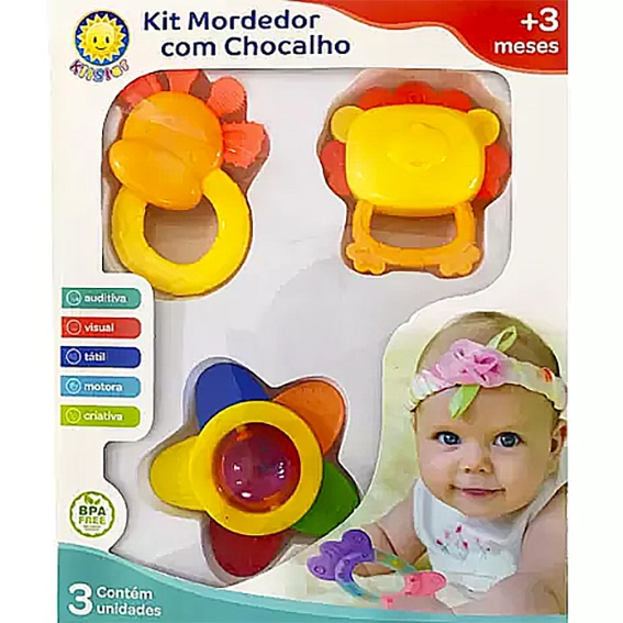 3 Chocalho Mordedor Zoo Girafa Leão Estrela Kitstar 508