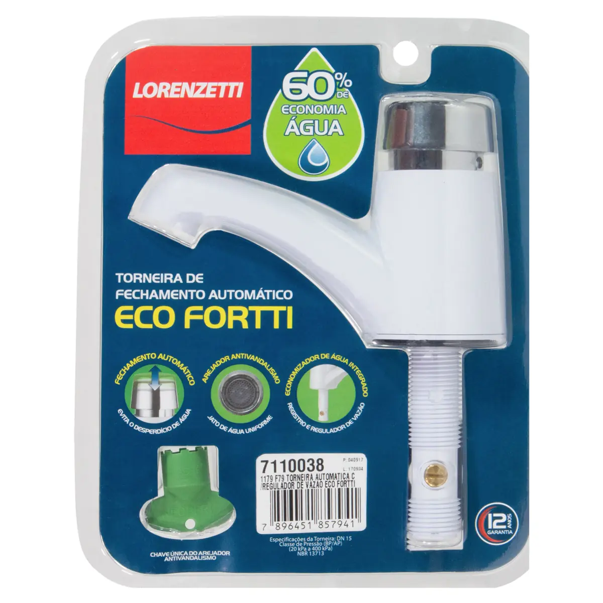 Torneira de Fechamento Automático para Lavatório de Mesa Eco Fortti Branca E Cromada