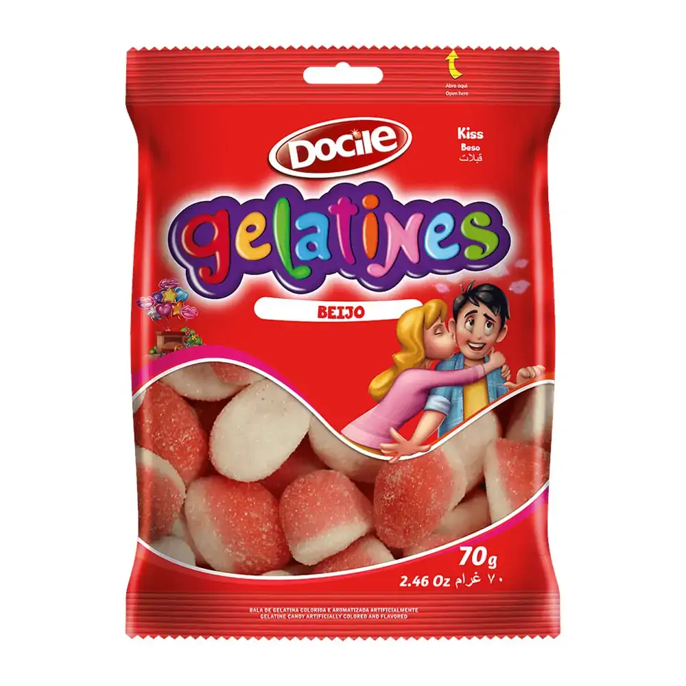Bala De Gelatina Morango Beijo Docile Gelatines Pacote 70g