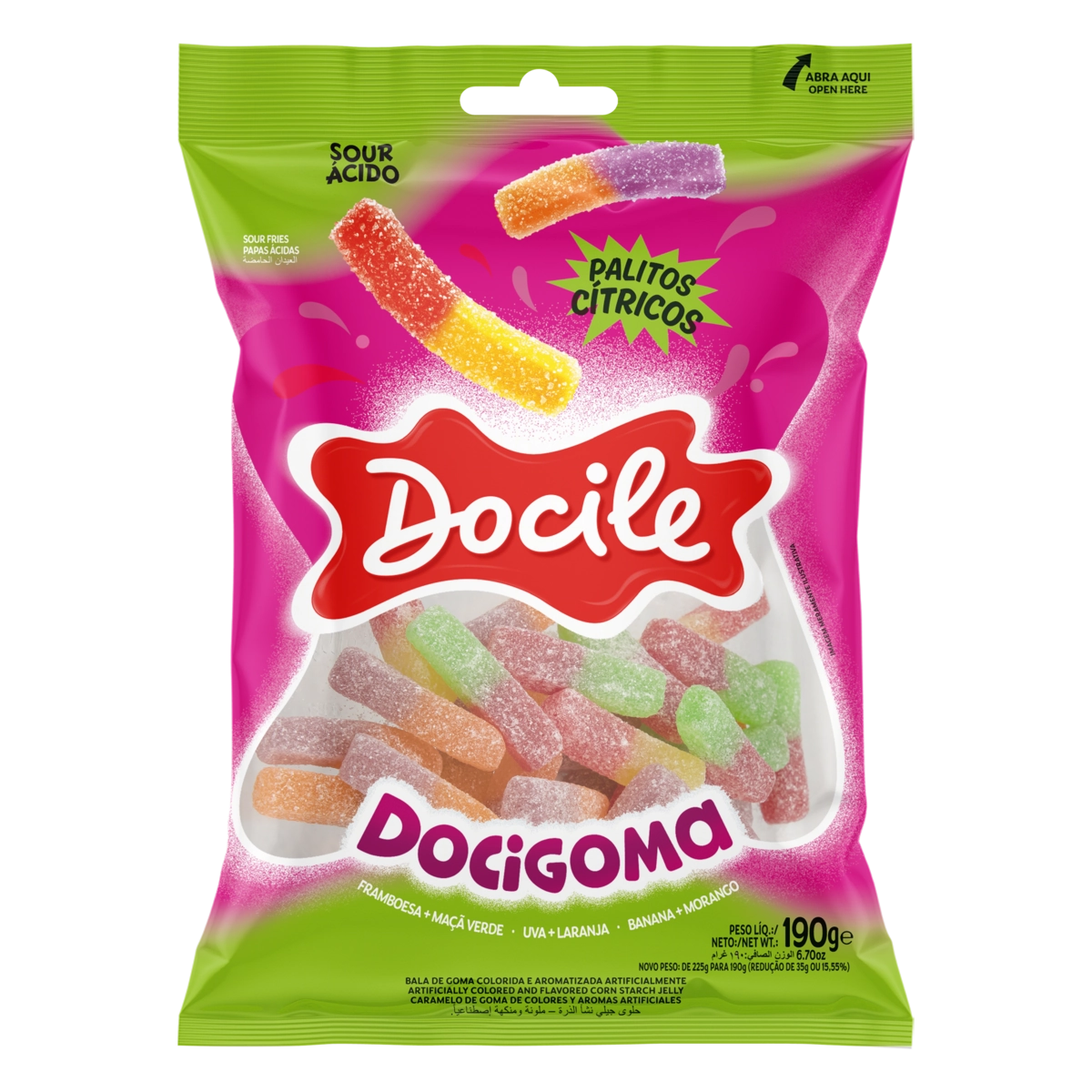 Bala De Goma Sortida Palitos Cítricos Docile Docigoma Pacote 190g