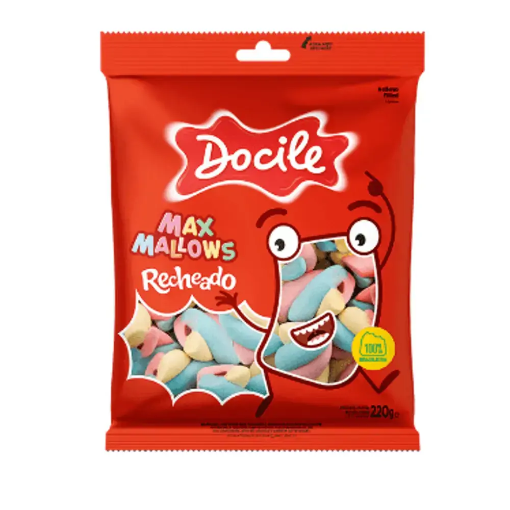Marshmallow Baunilha Recheio Morango Twist Colorido Docile Maxmallows Pacote 220g