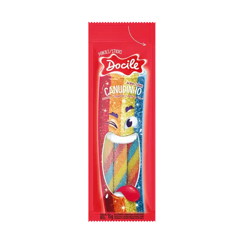 Bala Morango ácido Canudinho Colorido Docile Pacote 15g