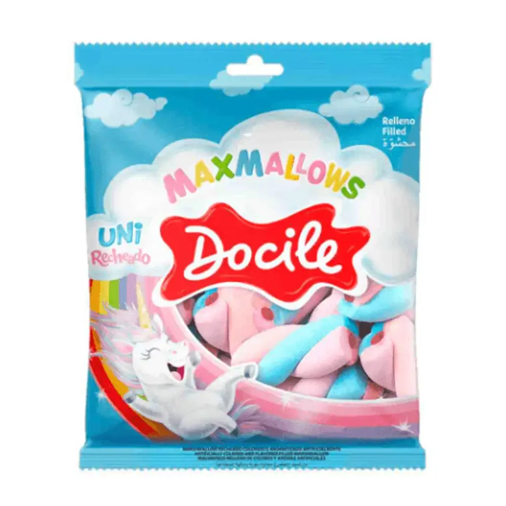 Marshmallow Baunilha Recheio Morango Uni Docile Maxmallows Pacote 220g