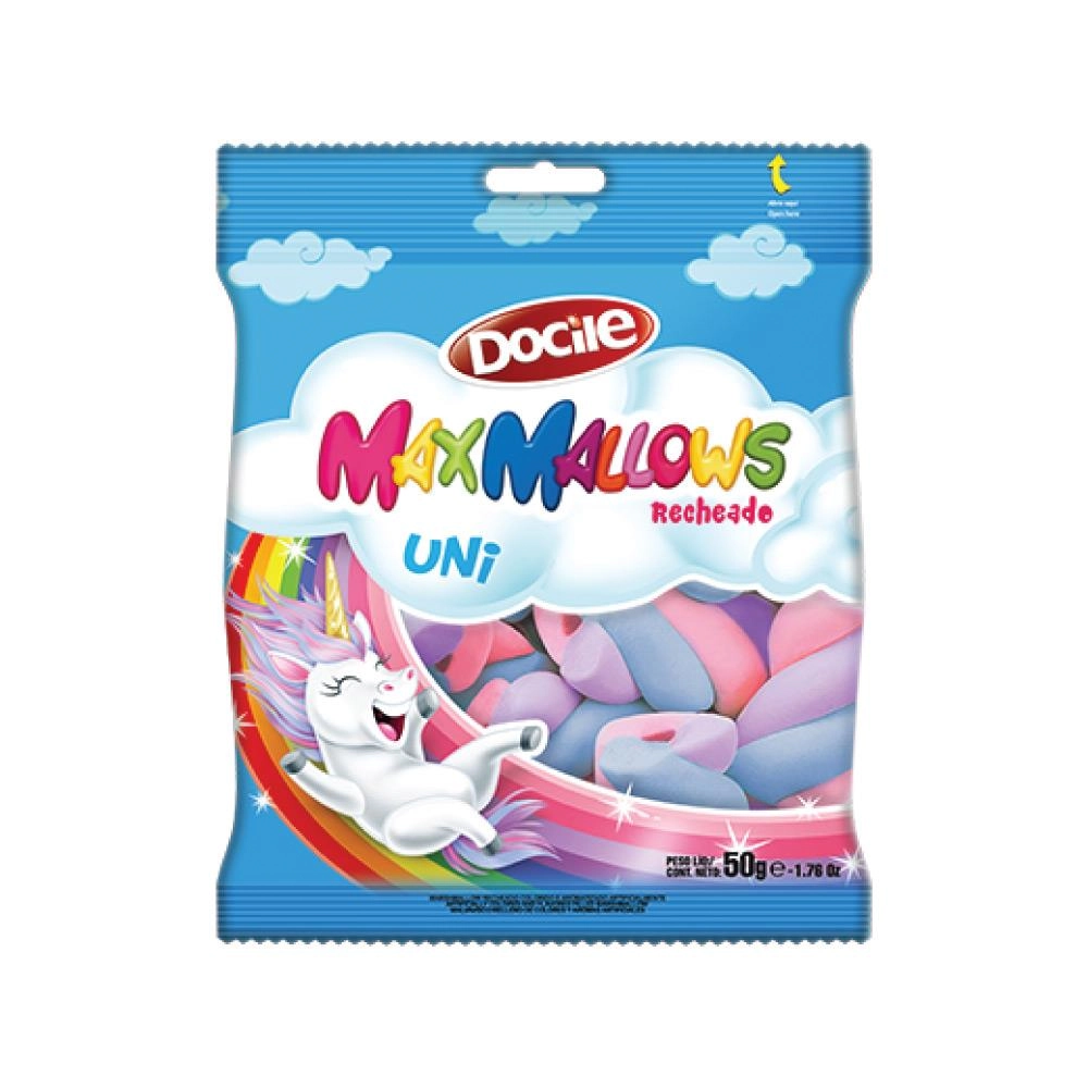 Marshmallow Baunilha Recheio Morango Uni Docile Maxmallows Pacote 50g
