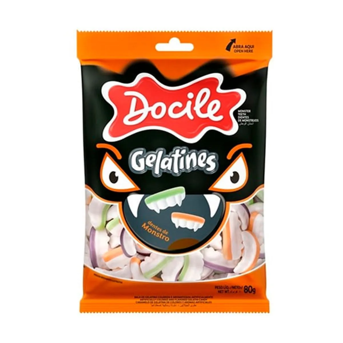 Bala De Gelatina Maçã Verde, Uva Ou Tangerina Dentes De Monstro Docile Gelatines Pacote 80g