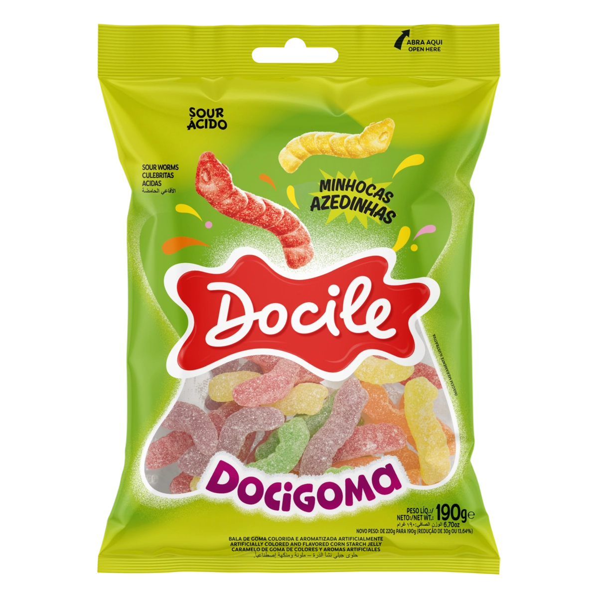 Bala De Goma Baunilha E Morango Minhocas Azedinhas Docile Docigoma Pacote 190g