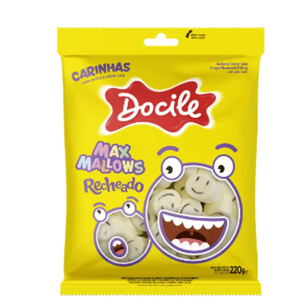 Marshmallow Baunilha Recheio Uva Carinhas Docile Maxmallows Pacote 220g