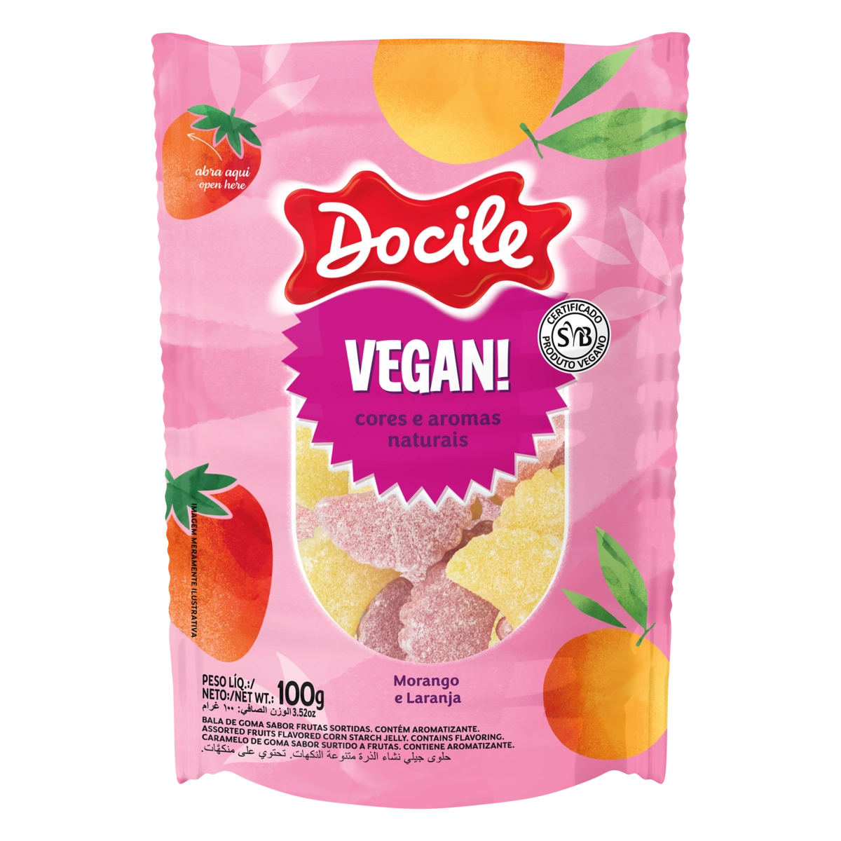 Bala De Goma Vegana Morango Ou Laranja Docile Pacote 100g